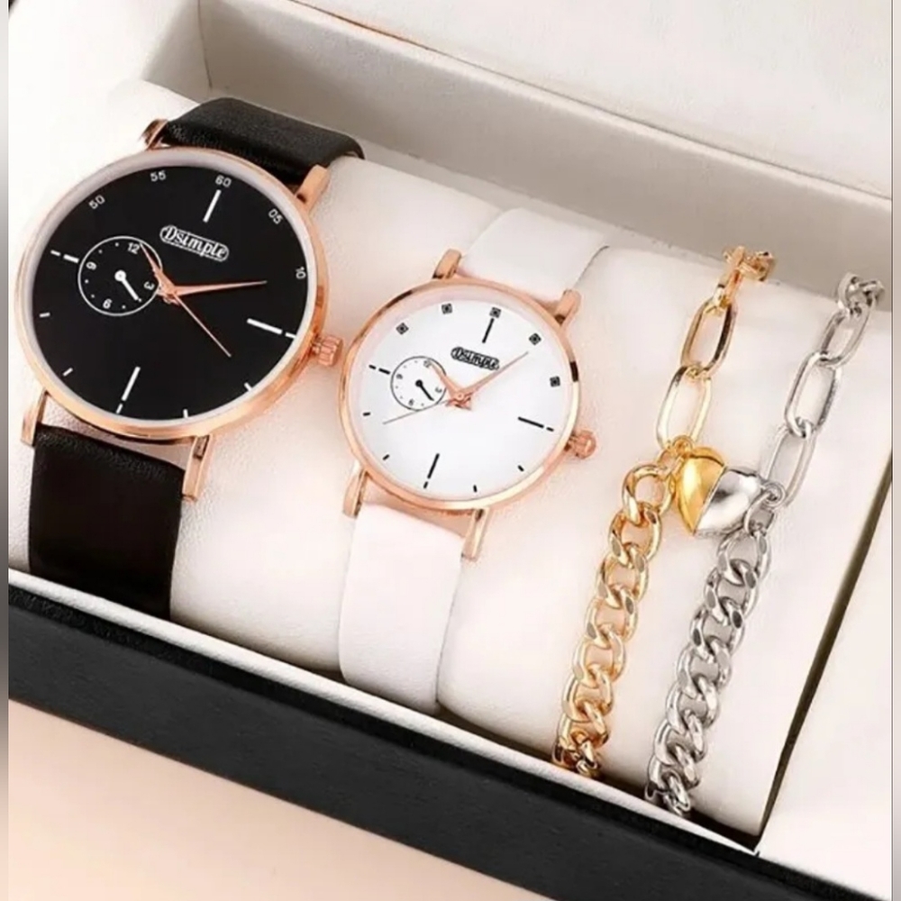 4 pieces of simple lovers set 2 bracelets and 2 leather watches